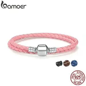 Genuine Long Double Pink Black Braided Leather Chain Women Bracelets with 925 Sterling Silver Snake Clasp PAS908