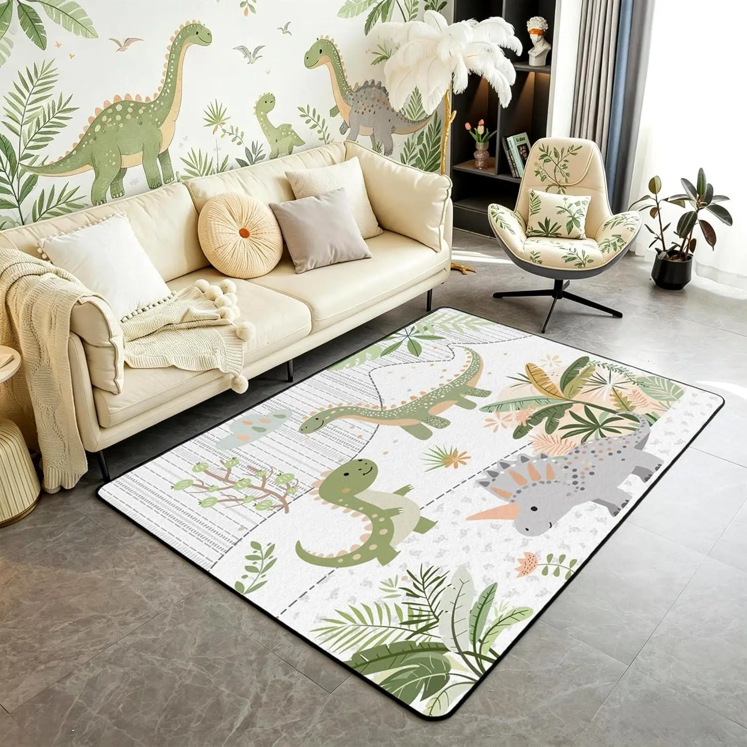 Cute Dinosaur Rugs Living Room Bedroom Area Rug Cartoon Green Dinosaur Indoor Floor Mat Cute Animal Accent Rug Coconut Plant Decorative Rug