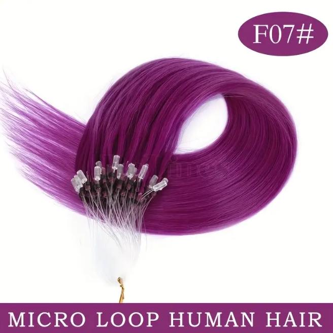 50pcs 30g Micro Loop Human Hair Extensions, Natural Straight, No Glue Easy Install, Vibrant Red Pink Green Blue Purple Gray, 12-28 Inches for Women Daily & Festive Hairstyles