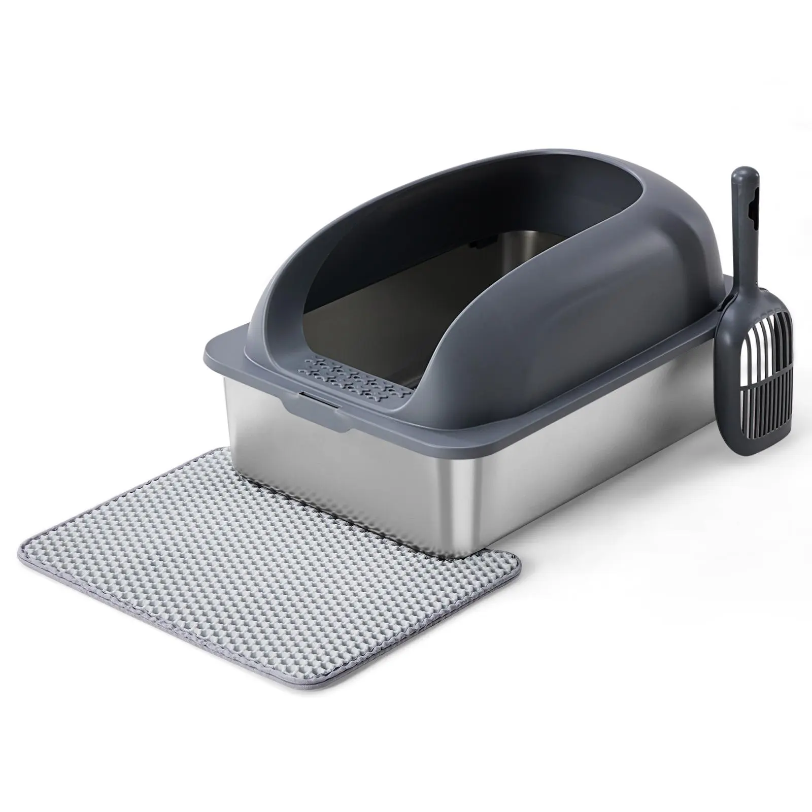 Stainless Steel Litter Box, 23.6in Odorless Litter Box with Lid, Includes Matching Scoop and Mat for Cats, Litterbox