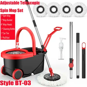 Optional 3 Adjustable Telescopic Spin Mop Sets – Dual-Drive Spin Mop Bucket Set with Wring-Out System, Durable Microfiber Mop Heads for 360° Cleaning. Suitable for cleaning floors, cars, and walls. Refills Telescoping wringer refill head