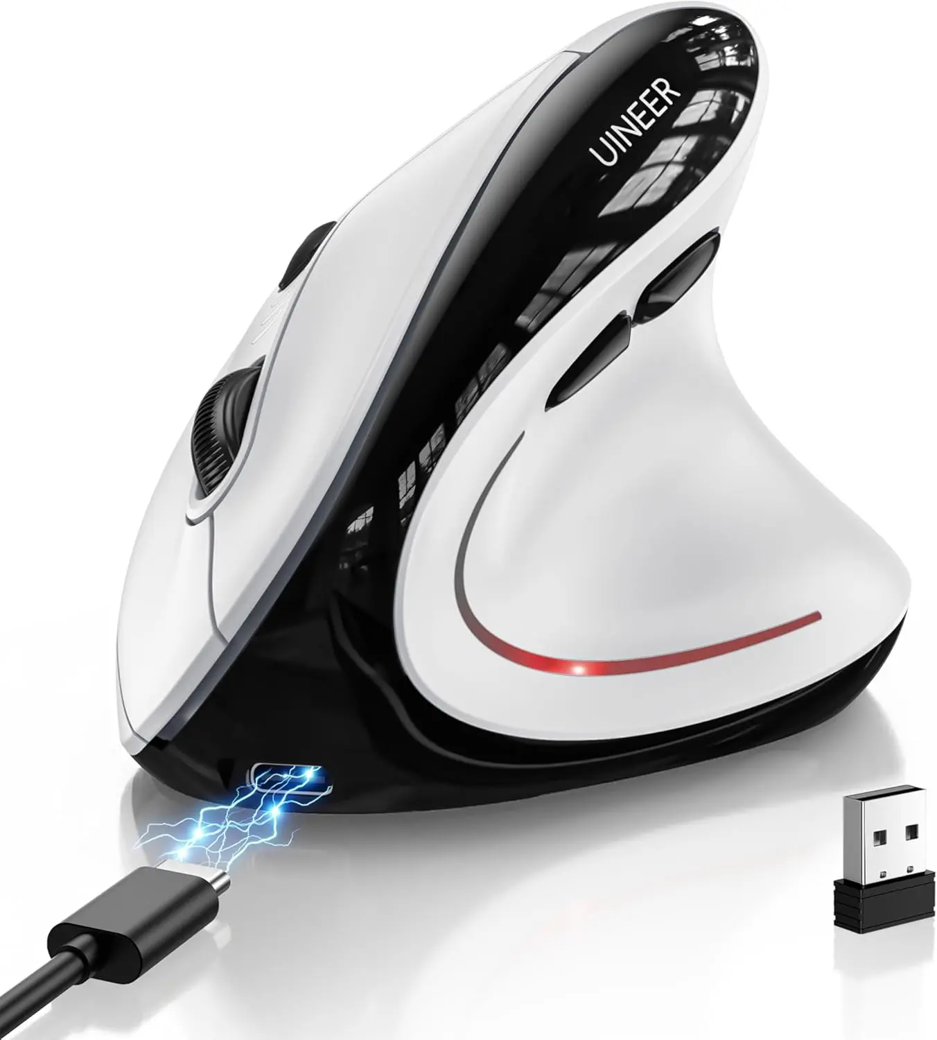 Uineer Ergonomic Wireless Vertical Mouse Rechargeable Tri-Mode Bluetooth & 2.4GHz Silent Optical Mouse with Adjustable DPI, RGB Lighting, USB Receiver & Multi-Device Support