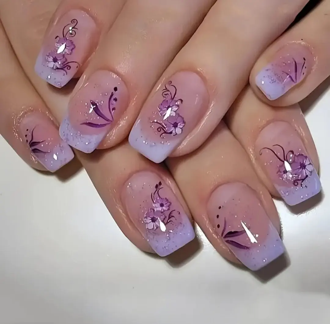 24pcs Square Pres-On Nails With Sweet Floral Design,Glossy Finish,Suitable for Womens,and Fake Nails Category,Nails Stickers
