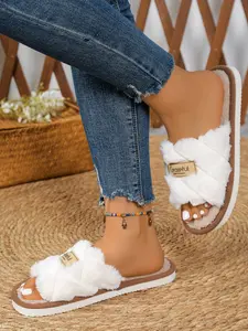 Women's Four Seasons Open Toe Fuzzy Slippers, Fashion Casual Design, Soft Plush Lining, Durable Sole, Multiple Colors Available