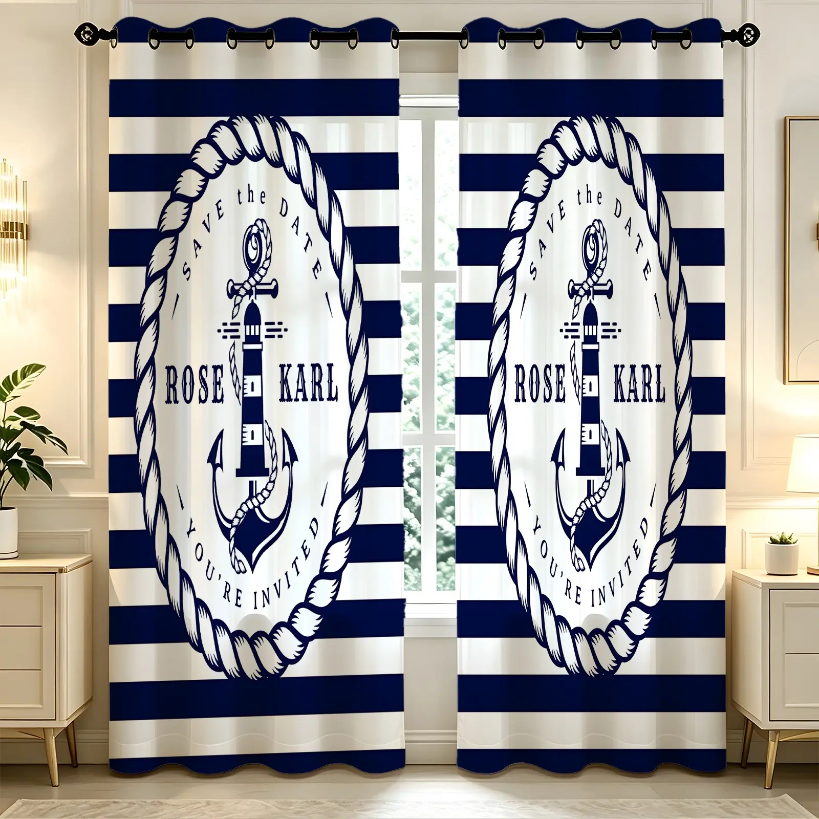 Nautical Anchor Curtains with Retro Geometric Stripes, Modern Ocean Exploration and Navigation-Inspired Art, Navy Blue and White Stripes—Perfect for Boys, Teens, Bedrooms, Living Rooms, and Bathrooms. Light Blocking: 50%-70%