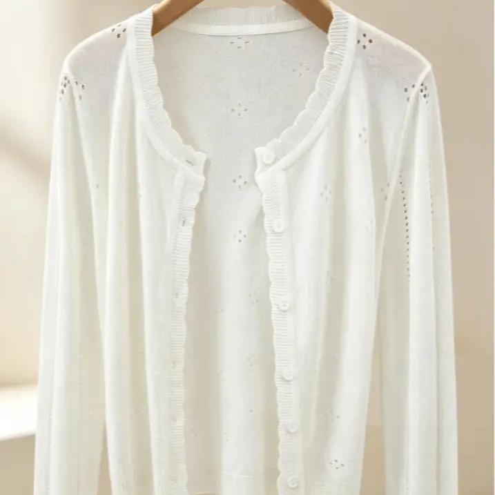 Women's Long   Button Openwork Cardigan - Chic Fabric Garment, Universal Fit, Basic.Women's Lightweight Knit Cardigan, Casual Breathable Long Sleeve, Spring/Summer