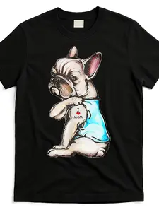 Women's French Bulldog Mom T-Shirt - Cute Frenchie Graphic with Mom Text - Heavyweight SM Tee - Machine Washable Black Shirt for Dog Lovers - Perfect Mother's Day Gift