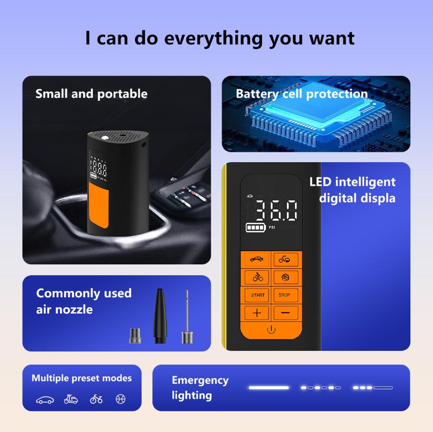 INFLATOR PUMP,One-click inflation Full automatic stop ,No need to charge,Multiple modes,Compact and portable,for Car,Moto,Electric vehicle,Bicycle,ball