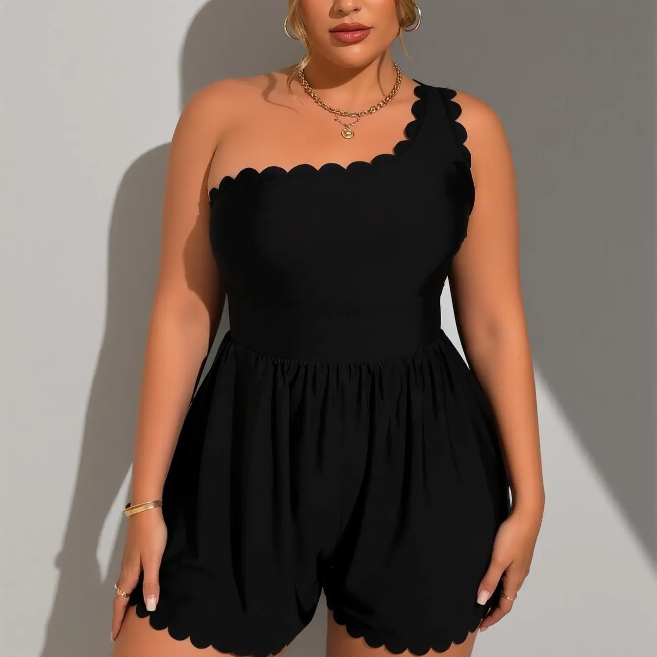 Plus Size One-Shoulder Scalloped Swim Romper, Tummy Control One-Piece Bathing Suit with Flowy Shorts, Textured Quick-Dry Swimwear with Removable Padded Cups, Modest Full-Coverage for Beach, Pool, Vacation & Cruise #SwimRomper