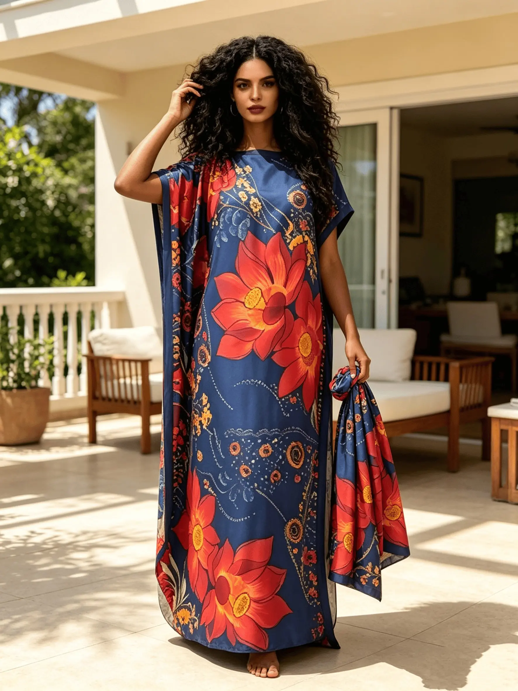 2026 New Women's 2 Piece Navy & Red Floral Print Kaftan Maxi Dress with Matching Scarf, Silky Loose Pleated Robe, Plus Size Friendly, Beach Cover Up, Resort Vacation & Evening Party Wear Elegance Style