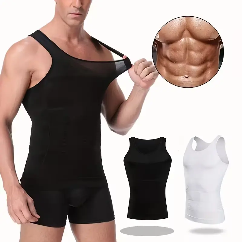 2Pcs Men High Stretch Compression Tank Top, Crew Neck Soft Nylon Cotton Sleeveless Undershirt