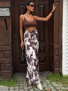 Cow Print Satin Skirt Women's Skirt Spring Summer 2026 Elegant Midi Lace-Up Smooth High Waist Skirt Daily Reels & Vacation Looks Skirts
