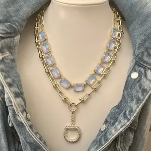 Shop The Look- 14k Gold Plated CZ Pave Horse Bit Drop Necklace, Cushion Cut Periwinkle Necklace and Matching Earrings