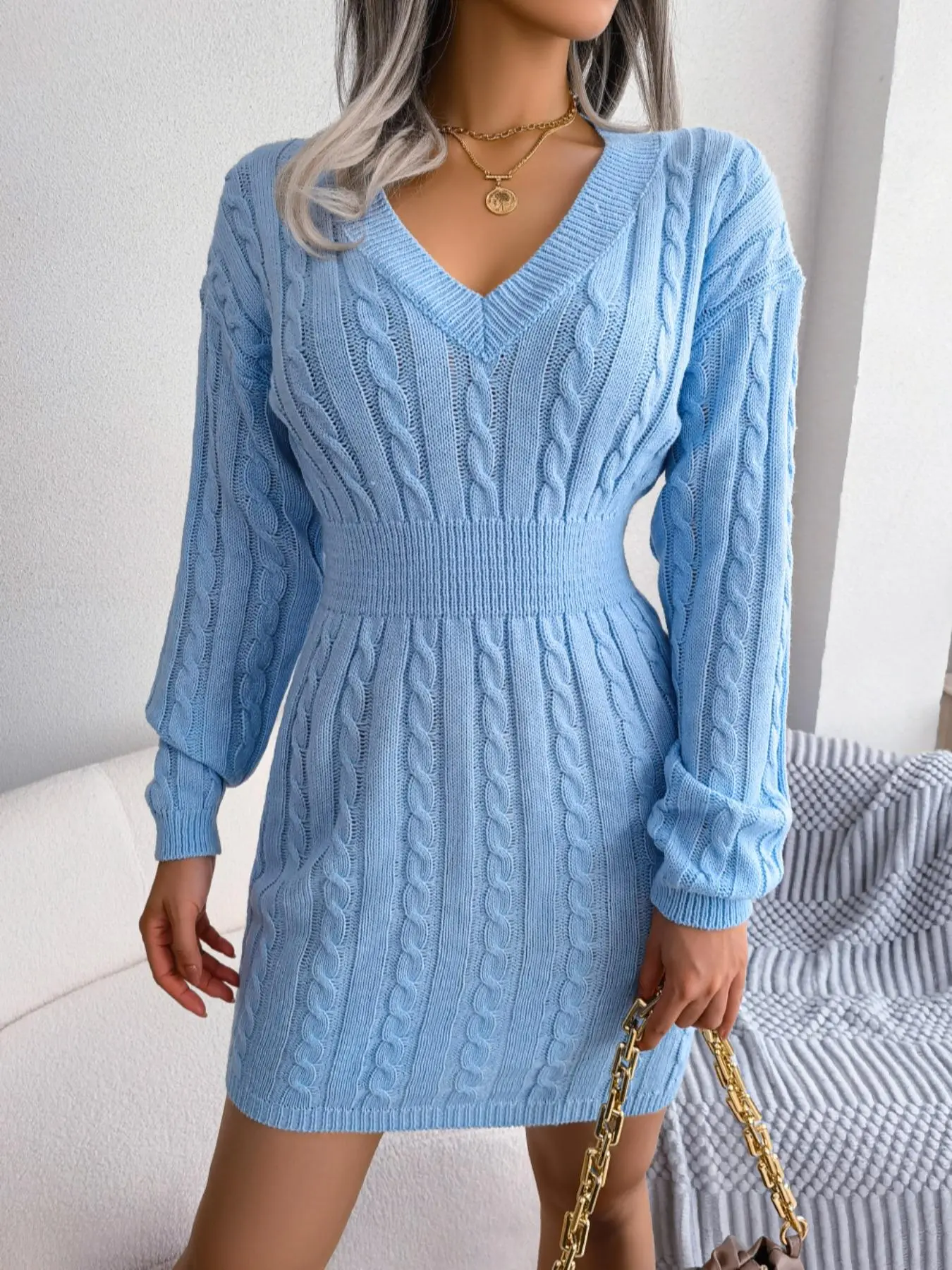 Women's Basic Comfort Solid Textured Drop Shoulder Sweater Dress, Lady's Lady Long Sleeve V Neck Cable Knit Dress - TikTok Shop Women's Basic Comfort Solid Textured Drop Shoulder Sweater Dress, Lady's Lady Long Sleeve V Neck Cable Knit Dress - TikTok Shop