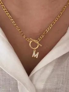 Letter Charm Pendant Necklace for Women, Simple Classic Stainless Steel Toggle Clasps Figaro Chain Necklaces for Women, Fashion Jewelry Accessories for Daily Wear, Initial Necklace Jewelry