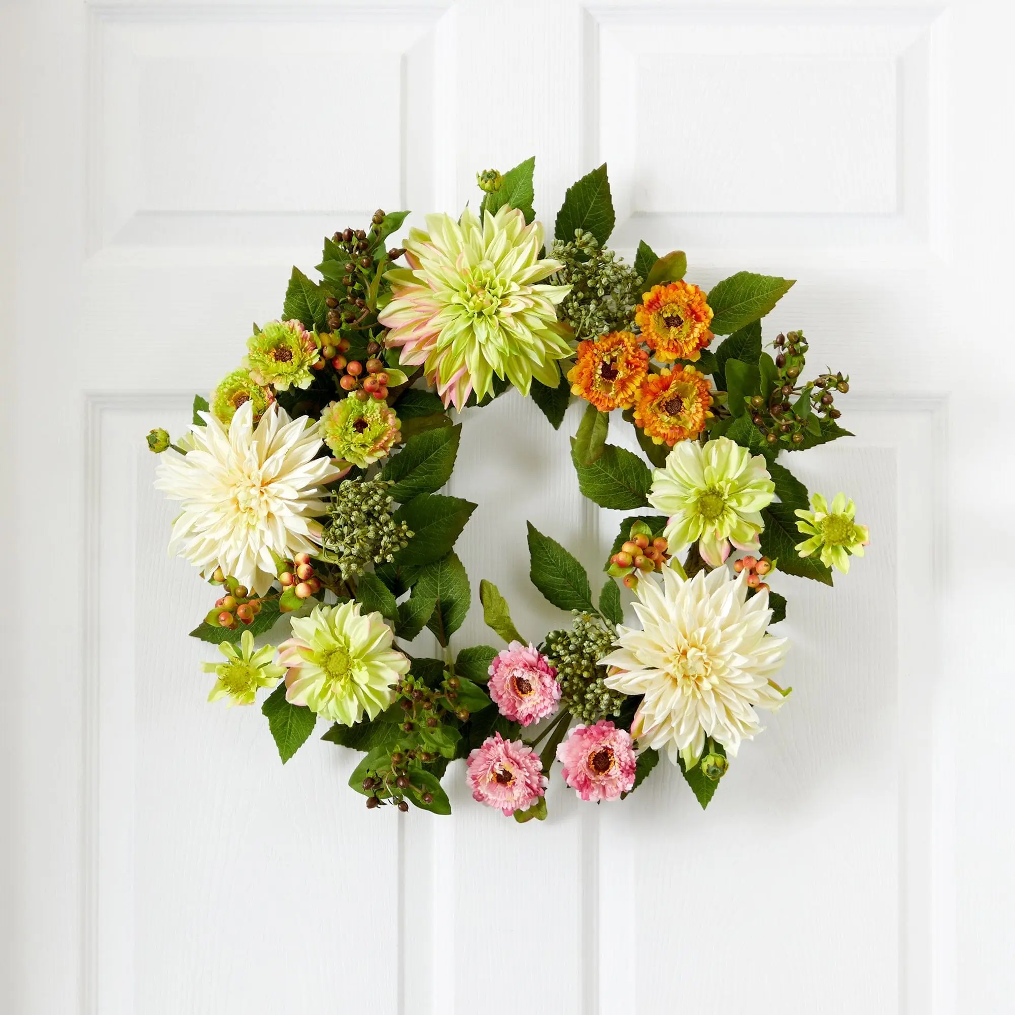 22” Artificial Dahlia & Mum Wreath - Spring Vibe Decor, Entryway Room Decor, Floral Flower Arrangement