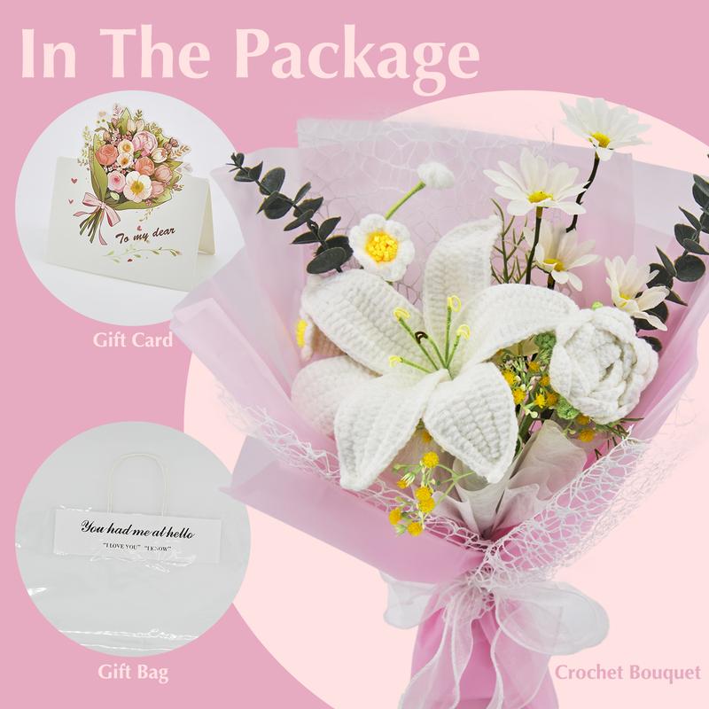 Handmade Crochet Lily Daisy Lily of Valley Bouquet Elegant Multi-color Decor Gift for Birthday Anniversary Graduation Mothers Day Valentines Day Greeting Card Included Birth Month Flowers