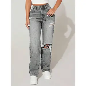 Ladies'Loose-FitCasualStraight-LegJeansWithDistressedDetailsAndPocketsDenimGrey