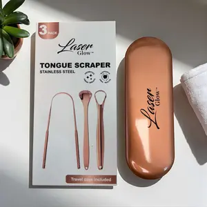 LaserGlow Rose Gold Tongue Scraper Set 3 Stainless Steel Cleaners with Travel Case for Daily Oral Hygiene