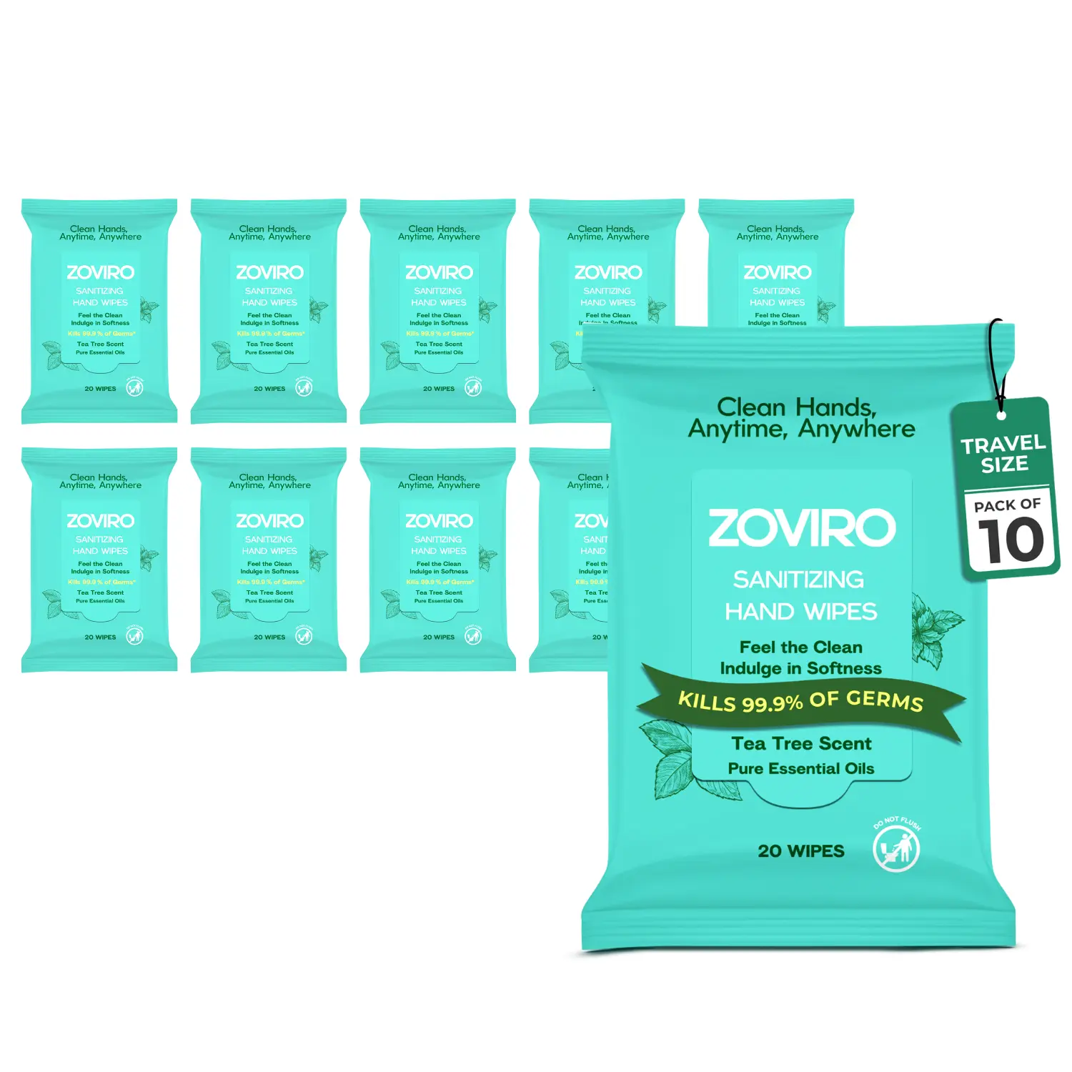 Zoviro Hand Sanitizer Wipes, Tea Tree Essential Oil, Hand Wipes Travel Size, Moisturizing Sanitizing Wipes, Tea Tree Scent, 20 Count (Pack of 10)