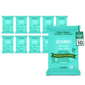 Zoviro Hand Sanitizer Wipes, Tea Tree Essential Oil, Hand Wipes Travel Size, Moisturizing Sanitizing Wipes, Tea Tree Scent, 20 Count (Pack of 10)