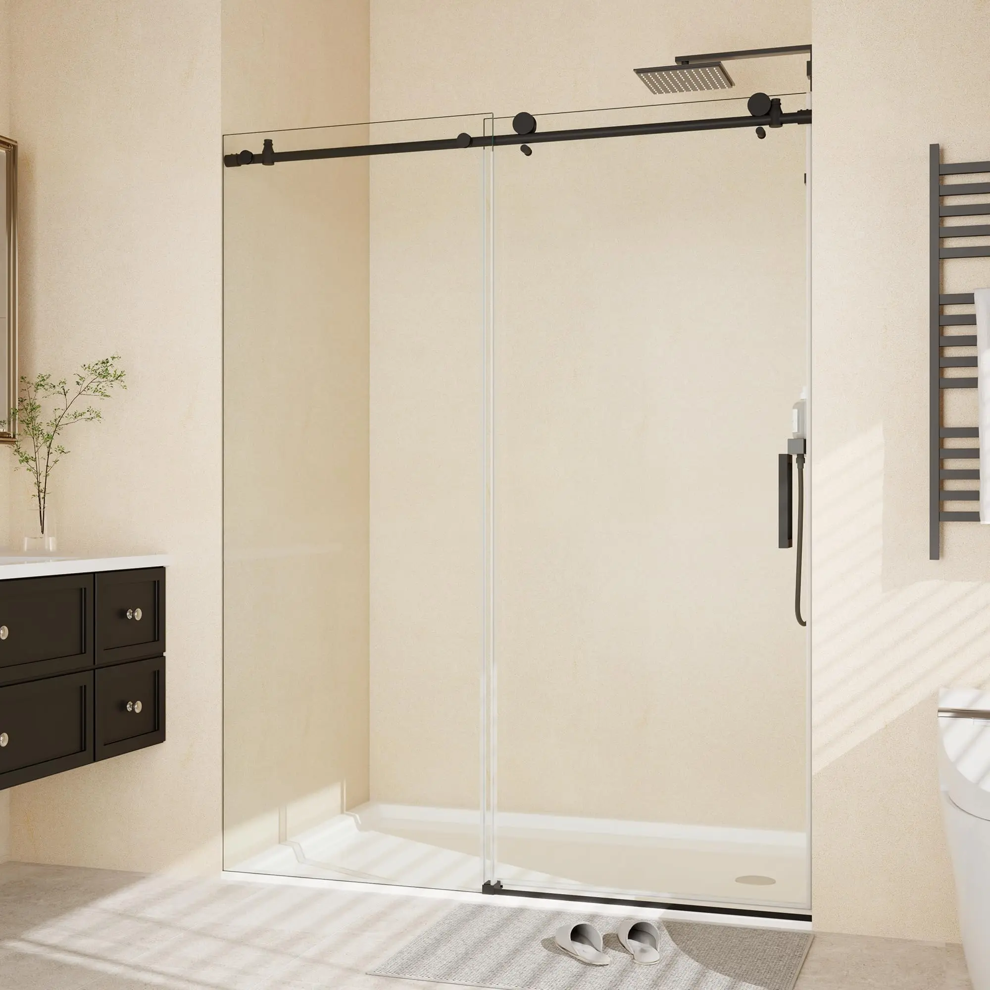 Garvee Frameless Sliding Shower Door, 56-60 Inch Adjustable Width x 76 Inch H, 8mm Tempered Glass with Easy-Clean Coating & Soft Close, 55-Roller Stainless Steel Rail, Matte Black