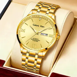 Caloric Kien Men's Swiss Made Business Watch Dual Calendar 42mm Stainless Steel Luminous 30m WR Gold Tone