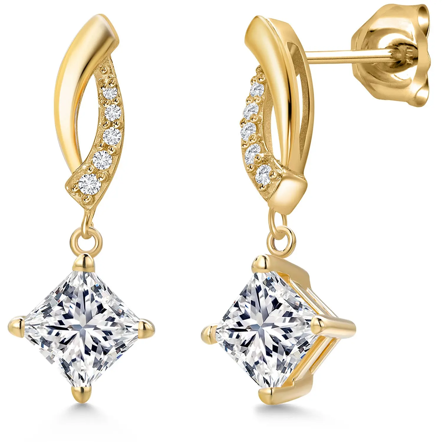2.05 Cttw IGI Certified Lab Grown Diamond Dangle Earrings For Women in 10K Yellow Gold | 1 Ct each Princess Cut | VS1 Clarity | D-E Color