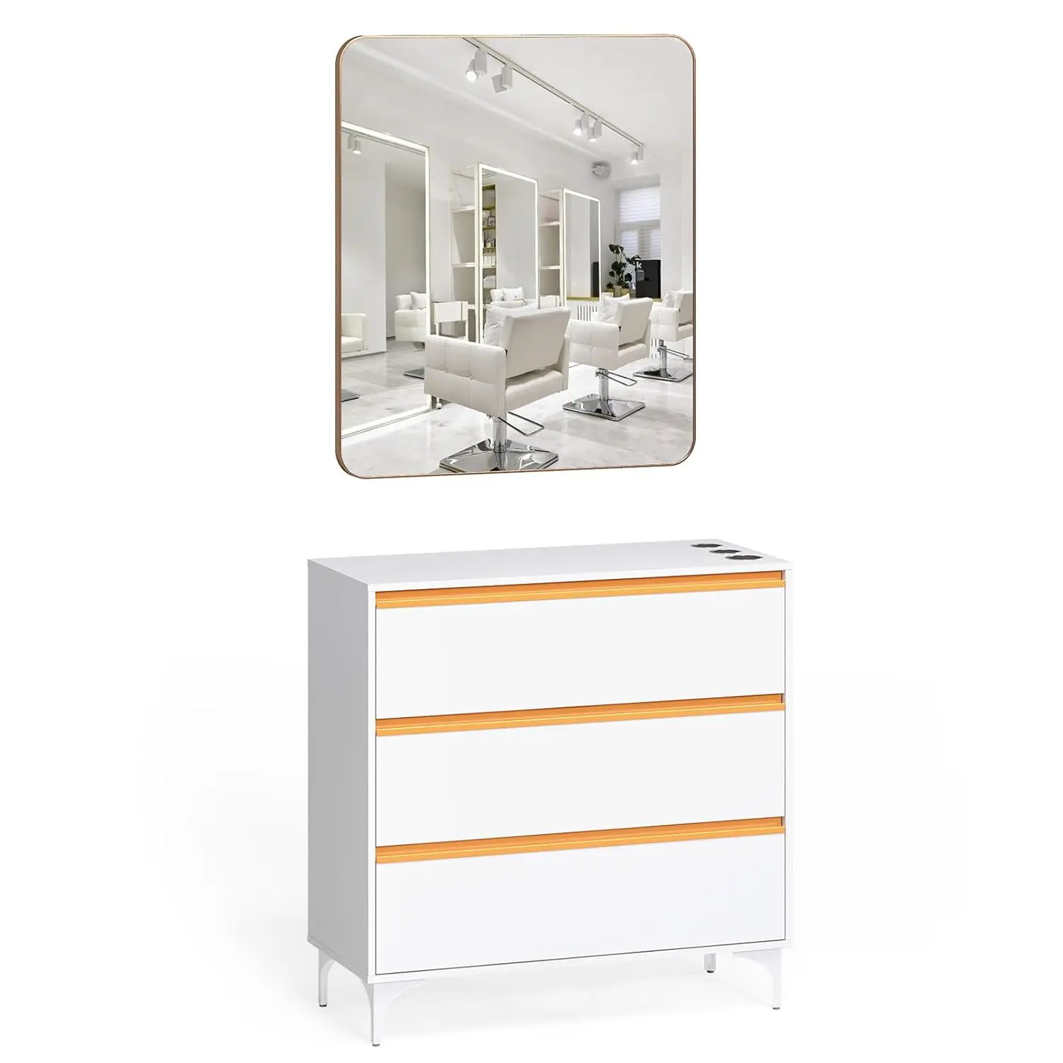 OmySalon High-Quality Barber Station, Free-Standing Cabinet for Hair Stylists with 3 Drawers, Square Mirror, Hair Dryer Holders, Premium Fluted Handles, Reinforced Metal Support Legs, Wipe-Clean Materials, Modern Beauty Dresser for Salon, Home, Sturdy, St