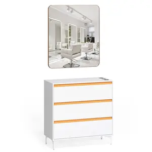 OmySalon Barber Station, Free-Standing Hair Stylist Salon Cabinet with 3 Drawers, Square Mirror & Hair Dryer Holders, Modern Beauty Dresser for Salon, Home