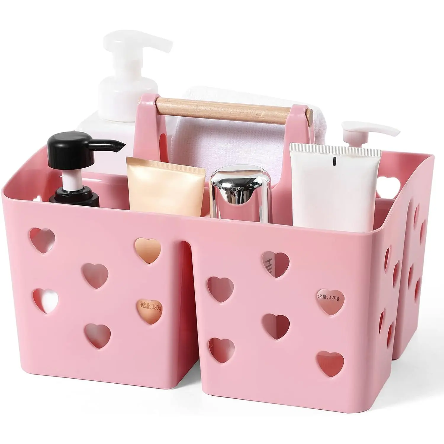 F-SBB46 Portable Plastic Multi-Compartment Shower Caddy Organiser - Hollow Storage Bin with Handle, 2-Piece Heart Shape Toiletries Basket for College Dorm, Beauty Use, Wife Gift Option (Pink)