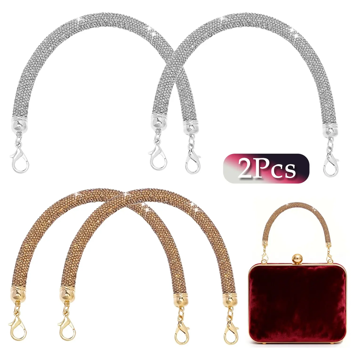 2Pcs Short Bag Straps Carry Strap 11.8inch Sparkly Rhinestone Bag Handle Replacement Chain Strap for DIY Handbag Bag Parts Accessories Purse Accessories Accessories for Bags