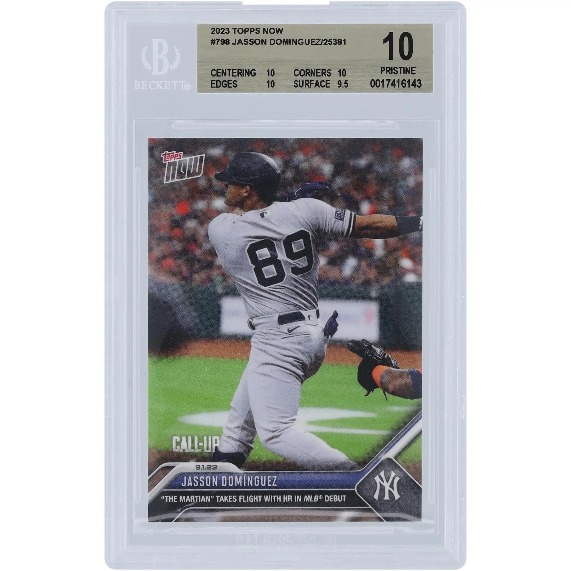 Jasson Dominguez New York Yankees 2023 Topps Now HR in MLB Debut #798 BGS Authenticated 10 Rookie Card - 10,10,10,9.5 Subgrades