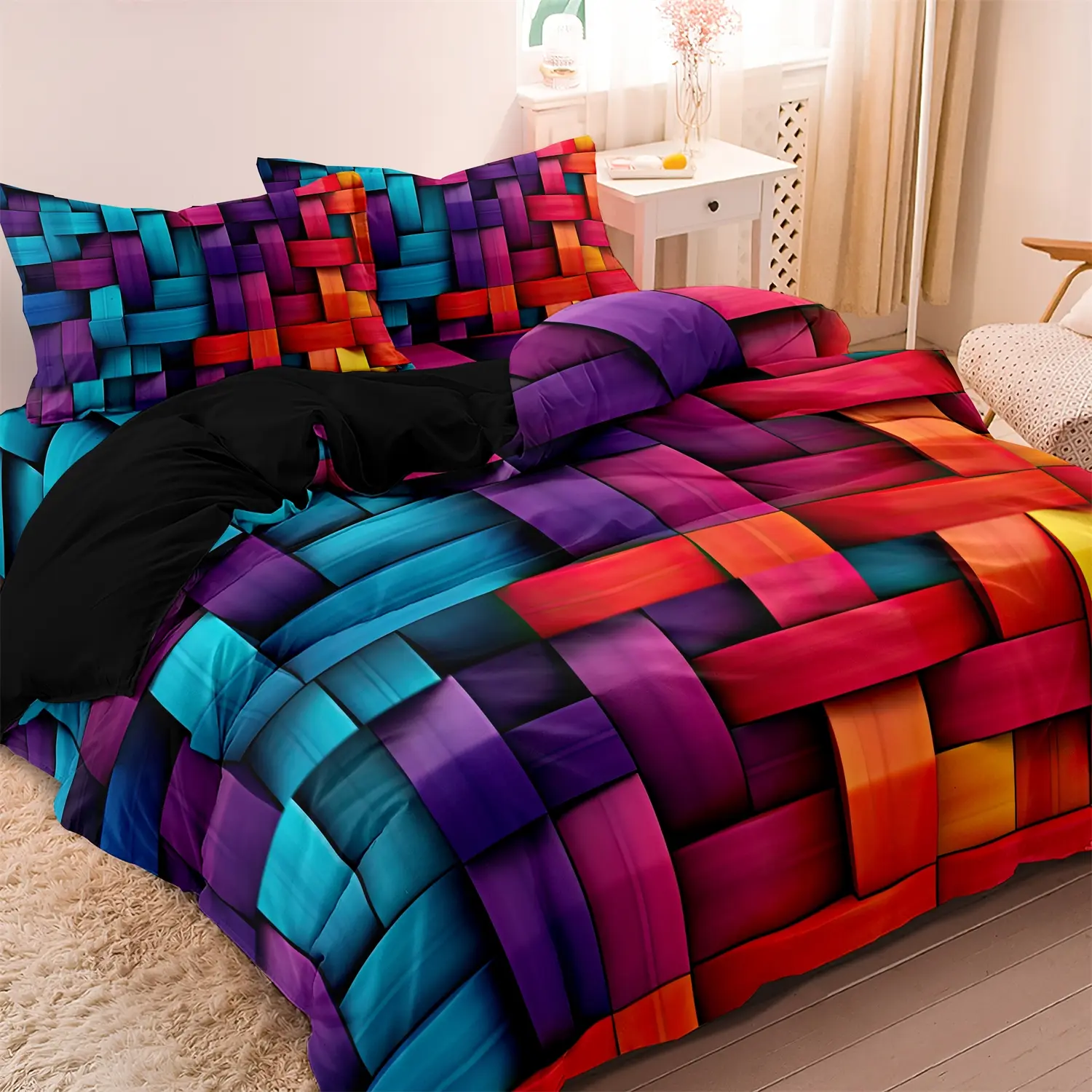 3pcs Colorful Geometric Plaid Duvet Cover Set, Geometric Bedding Set, 1 Duvet Cover + 2 Pillowcases (No Pillow Inserts), High-Definition Print for Home and Dorm, Bedroom Set, Vibrant Colors, Easy Care, Soft Fabric, Decorative Duvet Cover