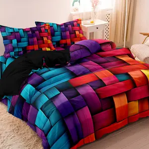 3pcs Colorful Geometric Plaid Duvet Cover Set, 1 Duvet Cover + 2 Pillowcases (No Pillow Inserts), High-Definition Print for Home and Dorm, Stylish Bedroom, Bedroom Set, Geometric Grid Pattern, Vibrant Colors, Easy Care, Soft Fabric, Decorative Duvet Cover