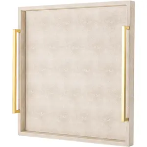 Large Tray for Coffee Table,Square Shagreen Leather Decorative Tray with Gold Handles for Living Room Decor