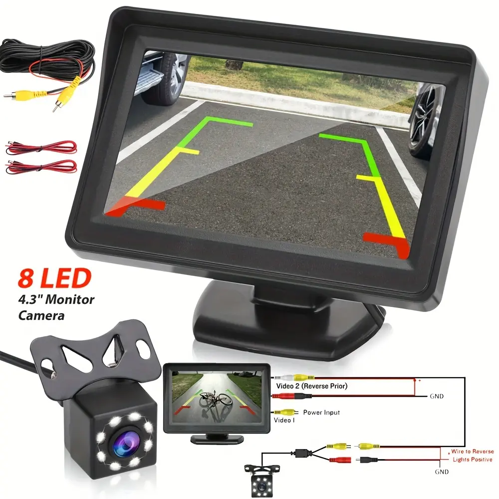 4.3 Inch HD LCD Rearview Camera System with Night Vision & 8 LED Lights, Rear Camera Monitor, Easy Installation for Cars Suv RV Pickup Trucks, Backup Camera for Truck