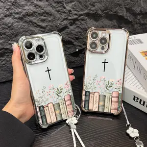 Floral Bookshelf Aesthetic Christian Pattern Four Corner Anti-Fall Phone case for iPhone Samsung Galaxy 17Pro Max Air 16Plus 15 14 13 12 11 XR XS S25 S24 S23 S22 cases, Transparent cover, Non-Yellowing, Shockproof Soft silicone, Gifts for girls.JL52