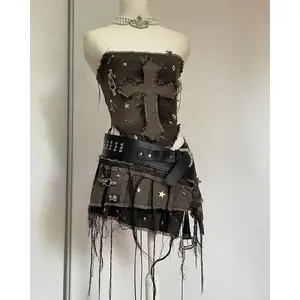 Y2KDenimStitchingandWashingToMakeOldTwo-pieceWoharajukuGothLong-sleevedZipperCoatMiniPleatedSkirtAutumnCoat