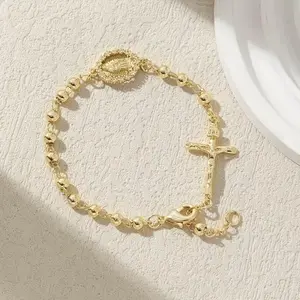 Crystal Our Lady of Guadalupe & Crucifix Rosary Bracelet Gold Plated Beaded Catholic Bracelet for Women Religious Protection Jewelry Faith Gift