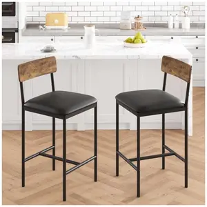 GARVEE Bar Stools Set of 4 with Footrest, 25.5" Upholstered Chairs in Rustic Brown and Black, Accompanied by a Stylish Dining Bar Table Set in Velvet Grey and Gold White Finish for Kitchen and Counter Spaces.