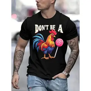 Men'S "Don't Be a Sucker" Cotton T-Shirt - Funny Rooster & Lollipop Graphic, Casual Short Sleeve, Black, 220g/ ㎡ , Novelty Gift for Him, Everyday Tshirt | Humorous Graphic Tee | Cotton Tshirt
