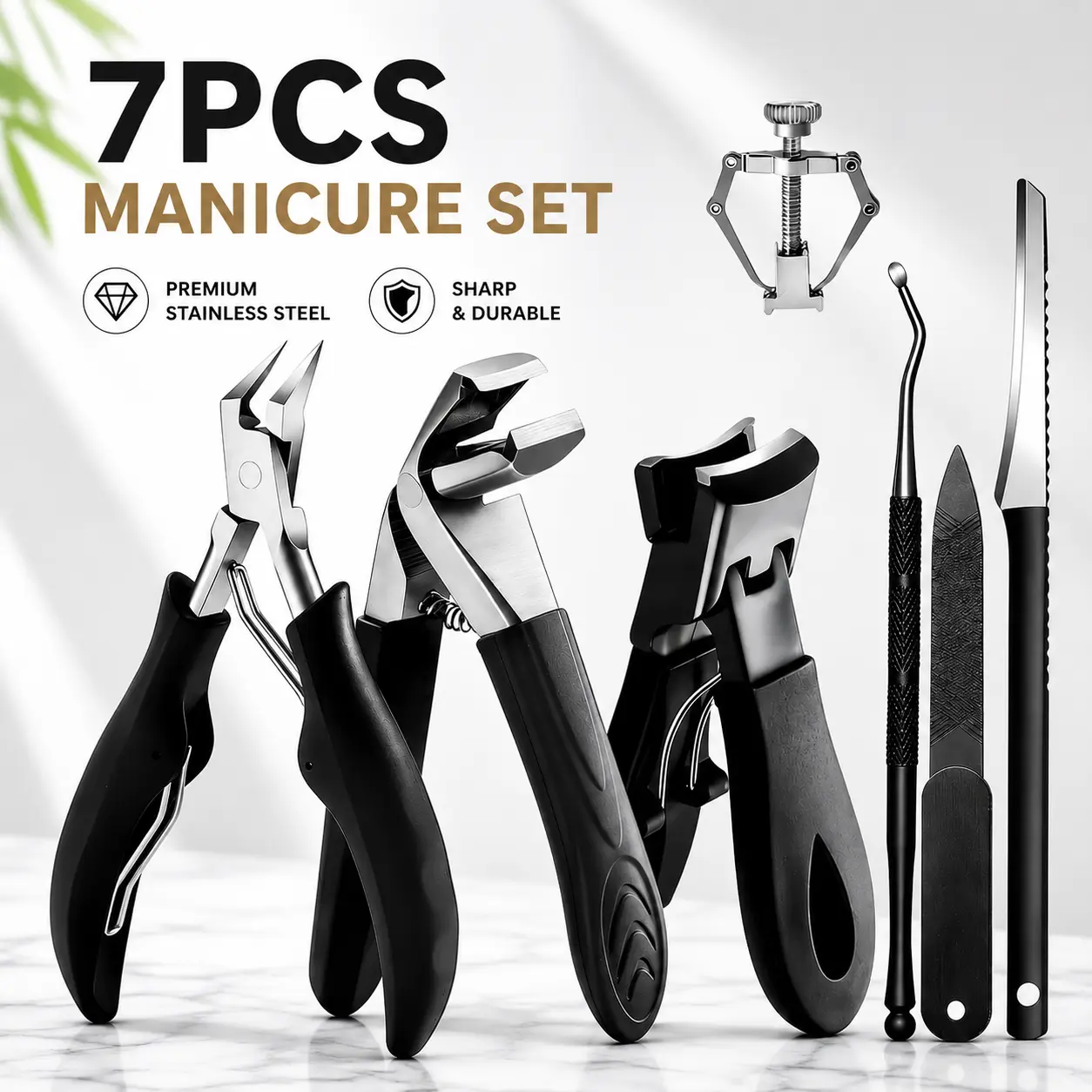 7PCS Toenail Clipper Set for Thick & Ingrown Nails, Heavy Duty Nails Kit Set, Professional Pedicure Tools with Angled Blade, Cuticle Nipper, Curved File & Wide Jaw Corrector