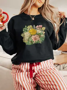 Autumn Winter New Women's Sweatshirt Hand-Drawn Sunflower Daisy Fashion Casual Top, Fitted Thin Fabric, Perfect for Fall & Winter Seasons