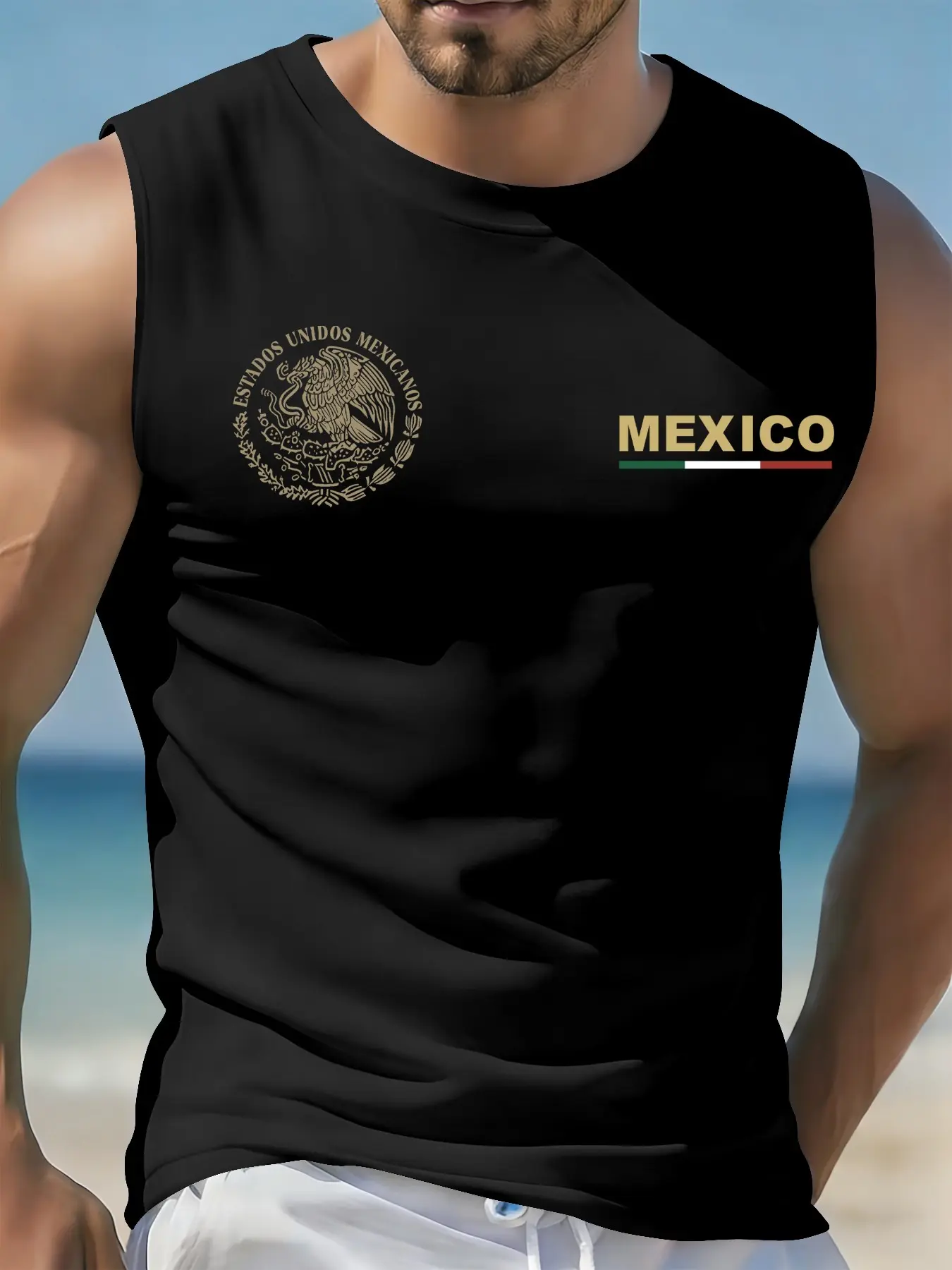 Men's Mexican Cultural Theme Print Sleeveless Vest, Muscle Tank Top, Tight Vest Top, Round Neck Flag Pattern Design, Casual Wear and Vacation, Ideal Gift for Him