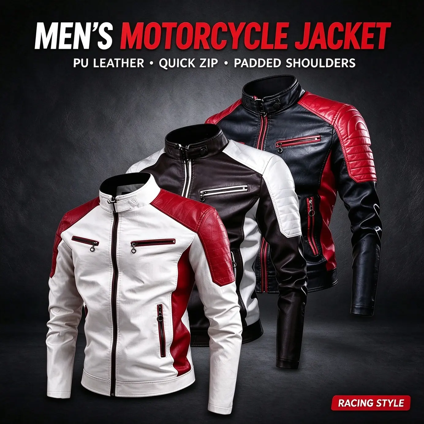 Men's Motorcycle Jacket PU Leather Quick Zip Padded Shoulders Racing Style, fleece lining optional,Multiple Zipper Pockets, Long Sleeves, Classic Edgy Biker Streetwear for Casual Fitted Woven Looks
