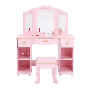 Kids Vanity Table and Stool Set, Pink Girls Vanity Desk with Mirror, 3 Drawers & 4 Open Storage Shelves, Children's Princess Makeup Desk for Bedroom