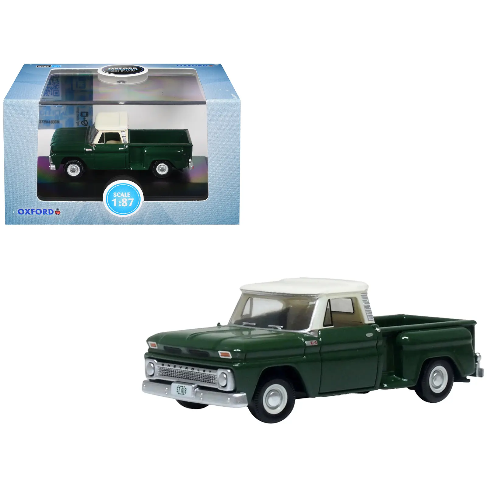 1965 Chevrolet C10 Stepside Pickup Truck Dark Green with Ivory Top 1/87 (HO) Scale Diecast Model Car by Oxford Diecast