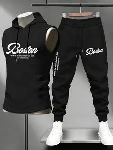 Men's Boston City Style Sleeveless Hoodie Set, Classic Hooded + Sleeveless Cut, Casual Streetwear, Light Sport, Urban Walks
