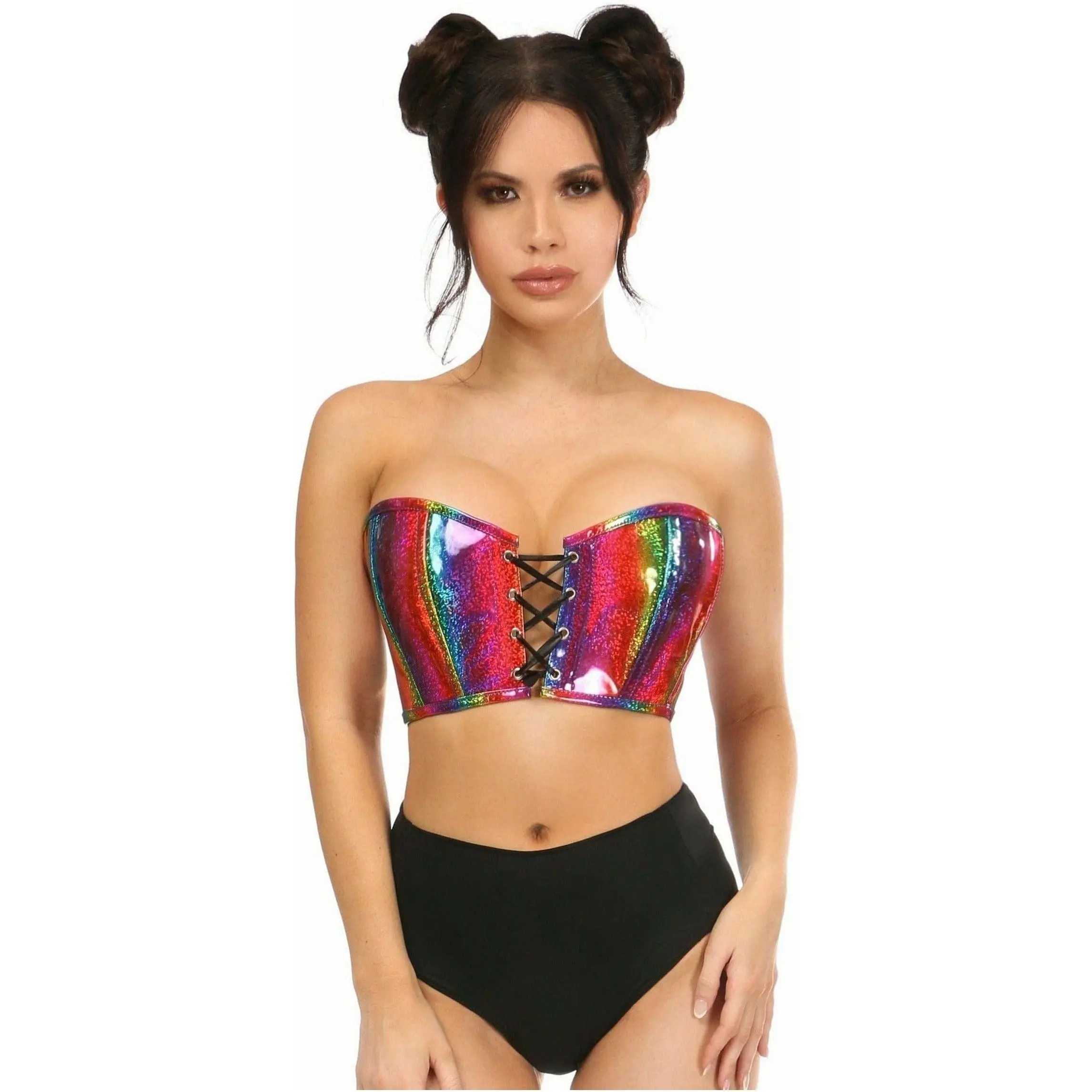 Lavish Rainbow Glitter PVC Lace-Up Bustier Top
